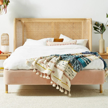 Rattan-made solid wood bed Nordic log master bedroom 1 5 retro bed minimalist Japanese style small family type 1 8 m double bed customisation