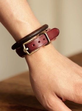 旧野贩革美式复古牛皮编织手环