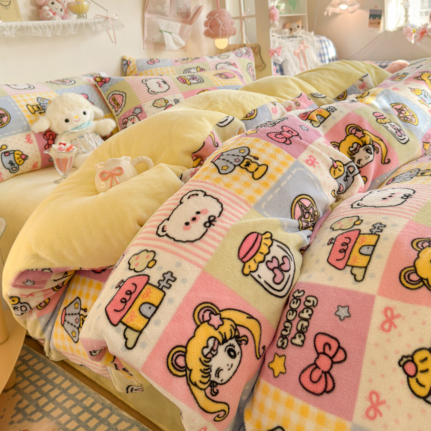 可爱卡通牛奶绒四件套高克重保暖暖绒细腻优等品床笠款床上用品