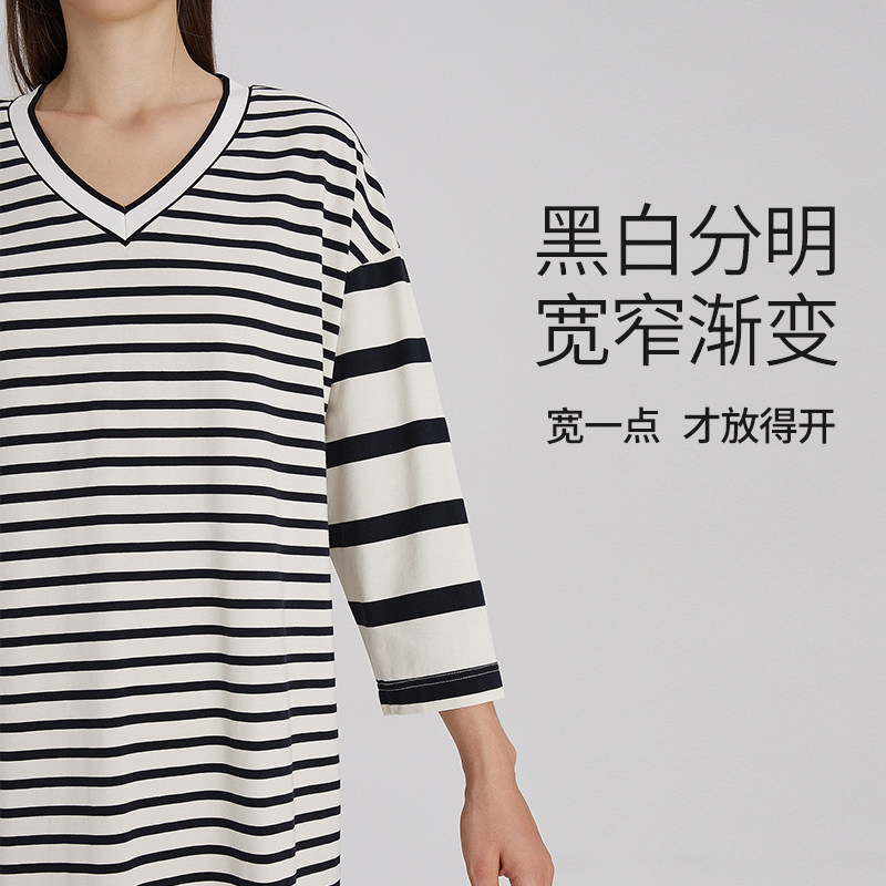 淳度新款黑白条纹睡衣女春秋季纯棉长袖大码睡裙可外穿家居裙,淘宝优惠券,粉丝福利购,淘宝优惠卷