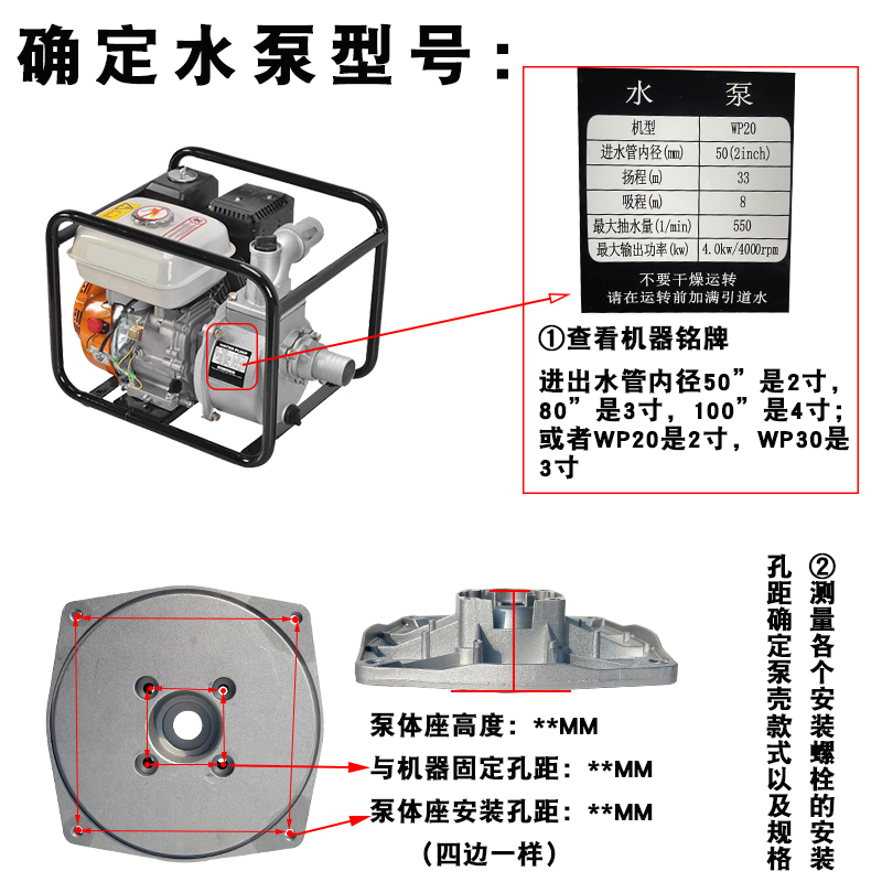 汽油抽水机水泵配件2寸 3寸泵体座 4寸泵盖168F 170F自吸泵法兰盘