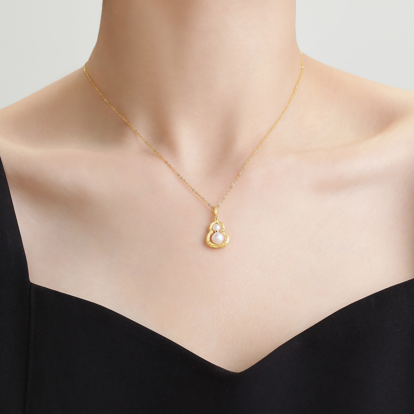 明牌珠宝福蕴珠华黄金项链 竹蕴有福足金拉丝葫芦珍珠套链AFB0489 - 图3