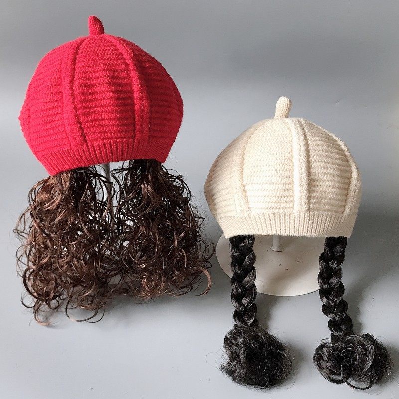 儿童帽子秋冬假发帽贝雷帽公主长发糖果色南瓜帽毛线帽保暖画家帽,淘宝优惠券,粉丝福利购,淘宝优惠卷
