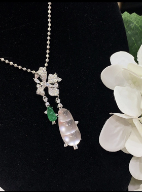 天然石英质玉福豆吊坠S925银镶嵌双玉石时尚设计款流苏百搭款挂件