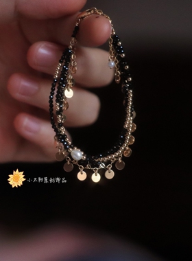 太阳原创设计 重工多层黑尖晶流苏亮片复古手链女进口14K注金古典