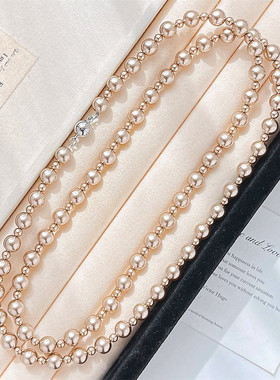 设计美拉德风咖色珍珠项链女轻奢毛衣链高级感精致大气长款挂脖