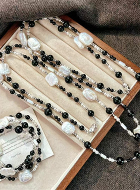 淡水巴洛克珍珠黑玛瑙长项链法式