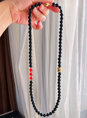 国风黑色玛瑙拼红长款圆珠项链