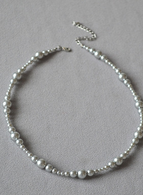 大小黑玛瑙项链银灰色珍珠颈链