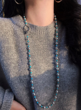 银灰人造珍珠绿松石长款极简项链