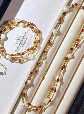 巴洛克淡水珍珠红玉髓双层项链