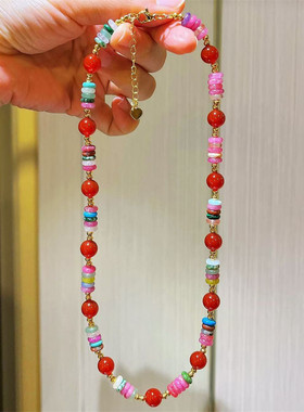 多巴胺红玛瑙彩色天然石项链颈链