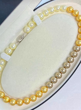 法式金色正圆渐变珍珠项链咖色