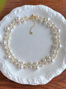 品质手工编织金球锁骨链珍珠项链