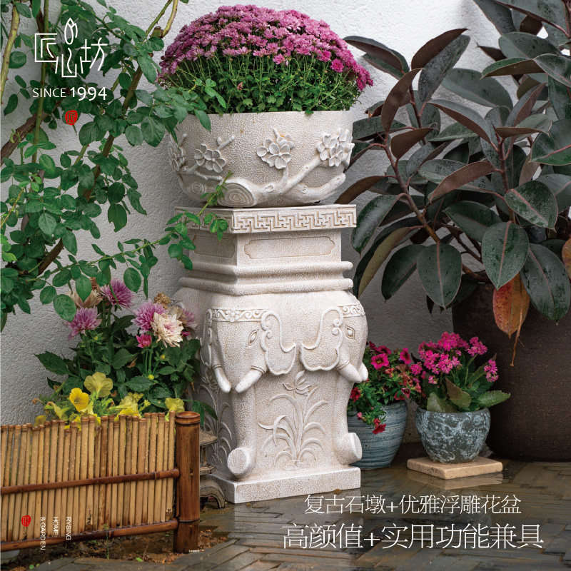 匠心坊中式花园大象石墩摆件户外庭院别墅装饰盆景阳台造景花盆,淘宝优惠券,粉丝福利购,淘宝优惠卷