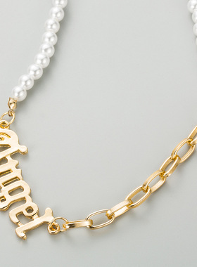 秋冬个性创意英文字母天使Angel吊坠合金仿珍珠项链时尚毛衣链