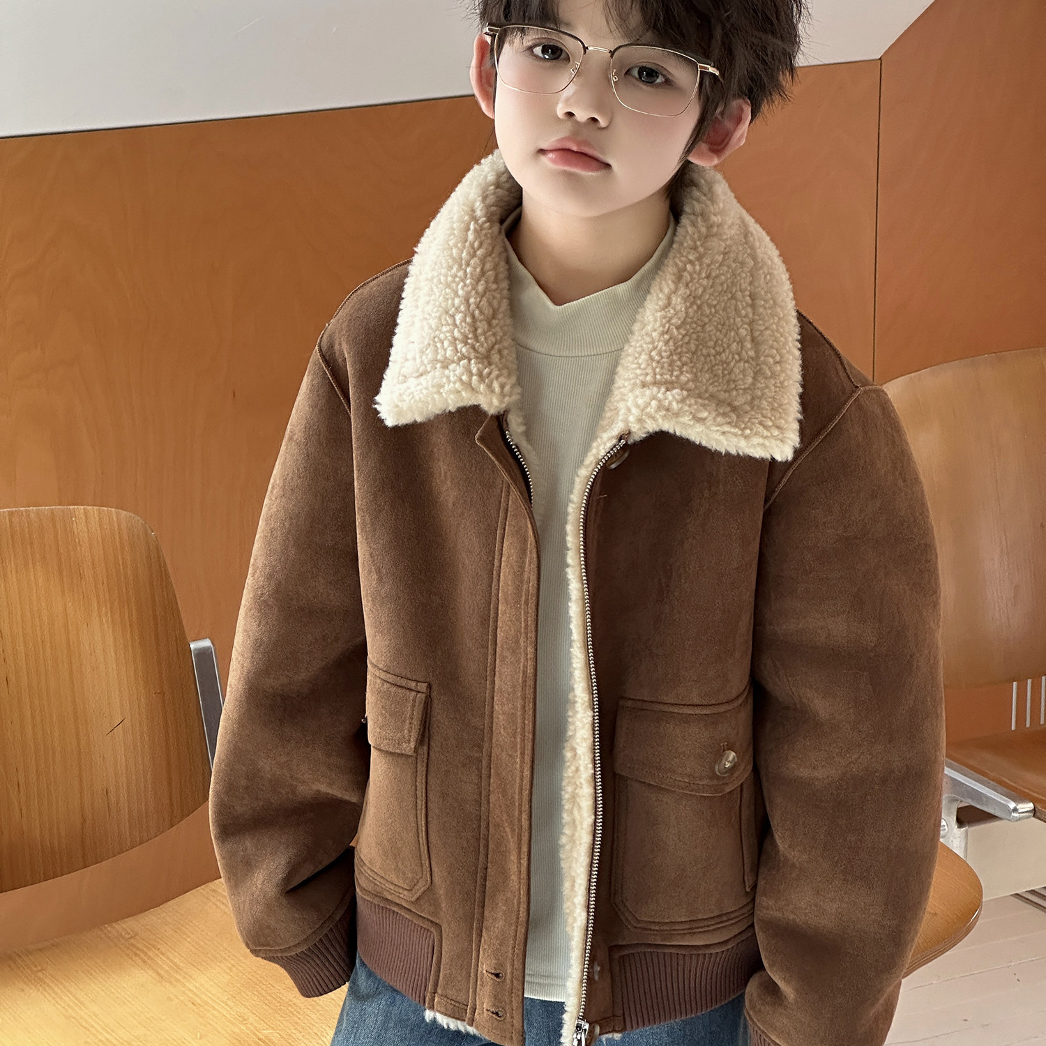 秋冬新品儿童羊毛皮草外套中大男童潮童加厚皮毛一体机车款夹克帅,淘宝优惠券,粉丝福利购,淘宝优惠卷