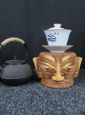 香樟木侘寂风茶盘三星堆面具摆件