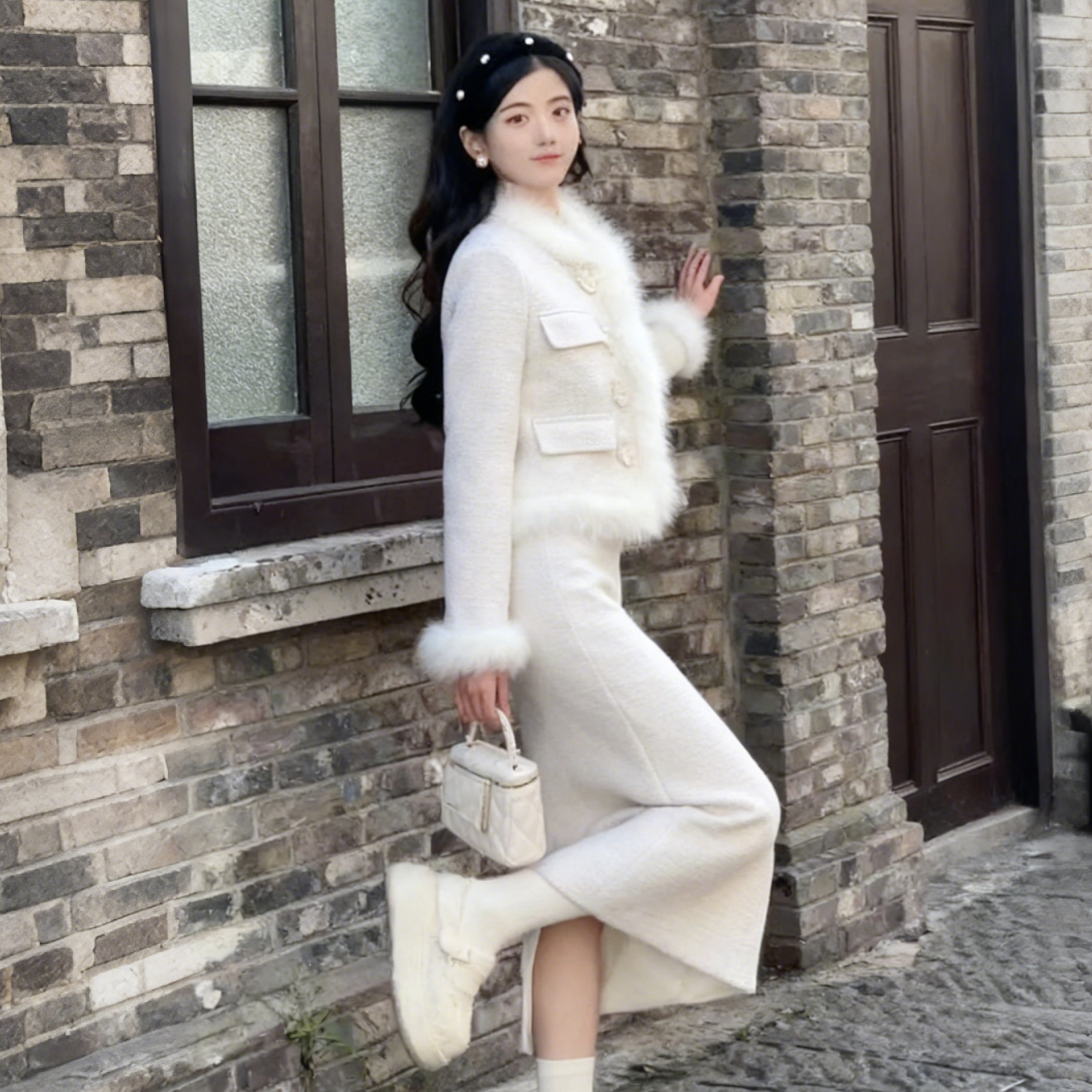 新款加厚保暖小香风套装女2025冬季兔毛拼接短款外套半身裙两件套,淘宝优惠券,粉丝福利购,淘宝优惠卷