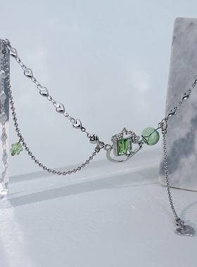 墨尔锆石钛钢女绿色项链设计感