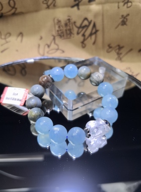 清新白水趴趴狐冰透海蓝宝鹰眼石12咪珠设计款五福喜用水手链礼物