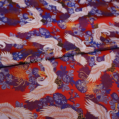 红色底织金仙鹤纹瑞鹤图加厚织锦缎面料茶席马甲宋锦丝绸缎子布料 - 图0