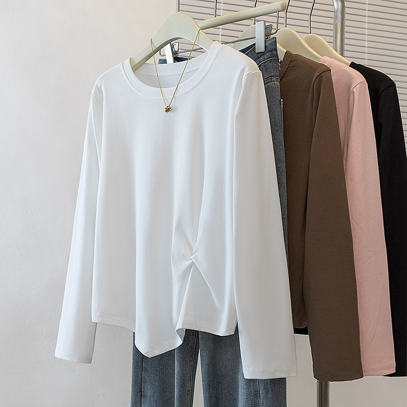 大码圆领休闲不规则长袖T恤打底衫女早秋新款胖mm显瘦设计感上衣 - 图0