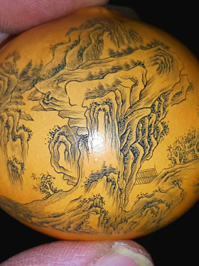 丰一阁文玩精品手捻鸡蛋小葫芦微雕赵荣雕刻针画山水图收藏级把件