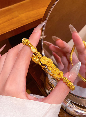 新中式小红书同款沙金五帝钱拉丝葫芦盘缠手串复古百搭福禄手链女