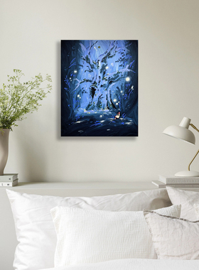 无框画ohjpaint蓝调月夜古树森林秘境萤火水畔卧室客厅装饰画挂画