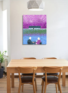 无框画fridaock紫花树下小屋喝茶老夫妻温馨治愈卧室客厅装饰挂画
