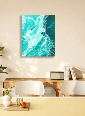 无框画LiliWood清新蓝绿海浪碧海礁石复古餐厅卧室客厅装饰画挂画