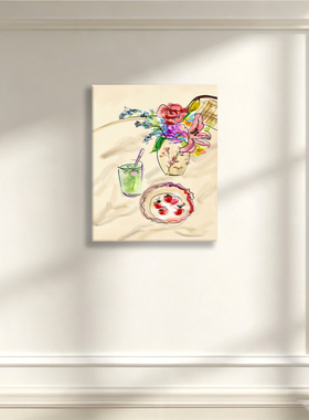 无框画Puritscher花卉水果夏日下午茶花瓶饮品餐厅厨房装饰画挂画