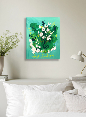 无框画ohjpaint治愈系花卉薄荷绿底白色花束卧室客厅装饰画挂画