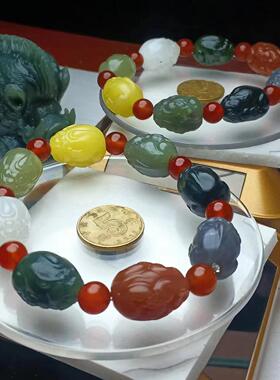 天然和田玉多彩貔貅手串多宝瑞兽手链玉石佛珠男女手饰玉器配饰