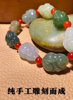 天然新疆和田玉碧玉白玉纯手工雕刻多宝手链招财生肖兔手串