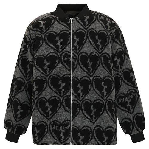 A11SLAVE 爱心心碎满印高街嘻哈潮流宽松情侣男女羊羔绒外套夹克 - 图3