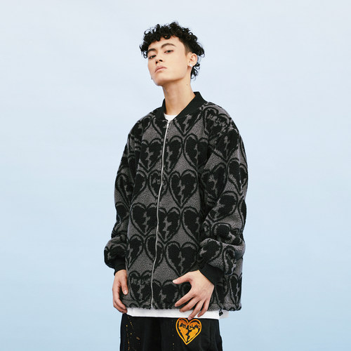 A11SLAVE 爱心心碎满印高街嘻哈潮流宽松情侣男女羊羔绒外套夹克 - 图0