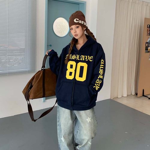 A11SLAVE美式复古梵文印花秋冬季拉帽卫衣宽松拉链开衫情侣款外套 - 图0