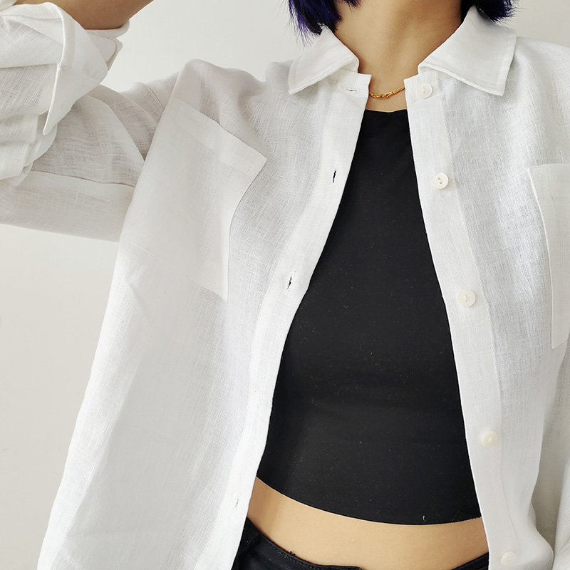 法式汉麻白色Polo领长袖衬衫简约设计感纯色春季可防晒