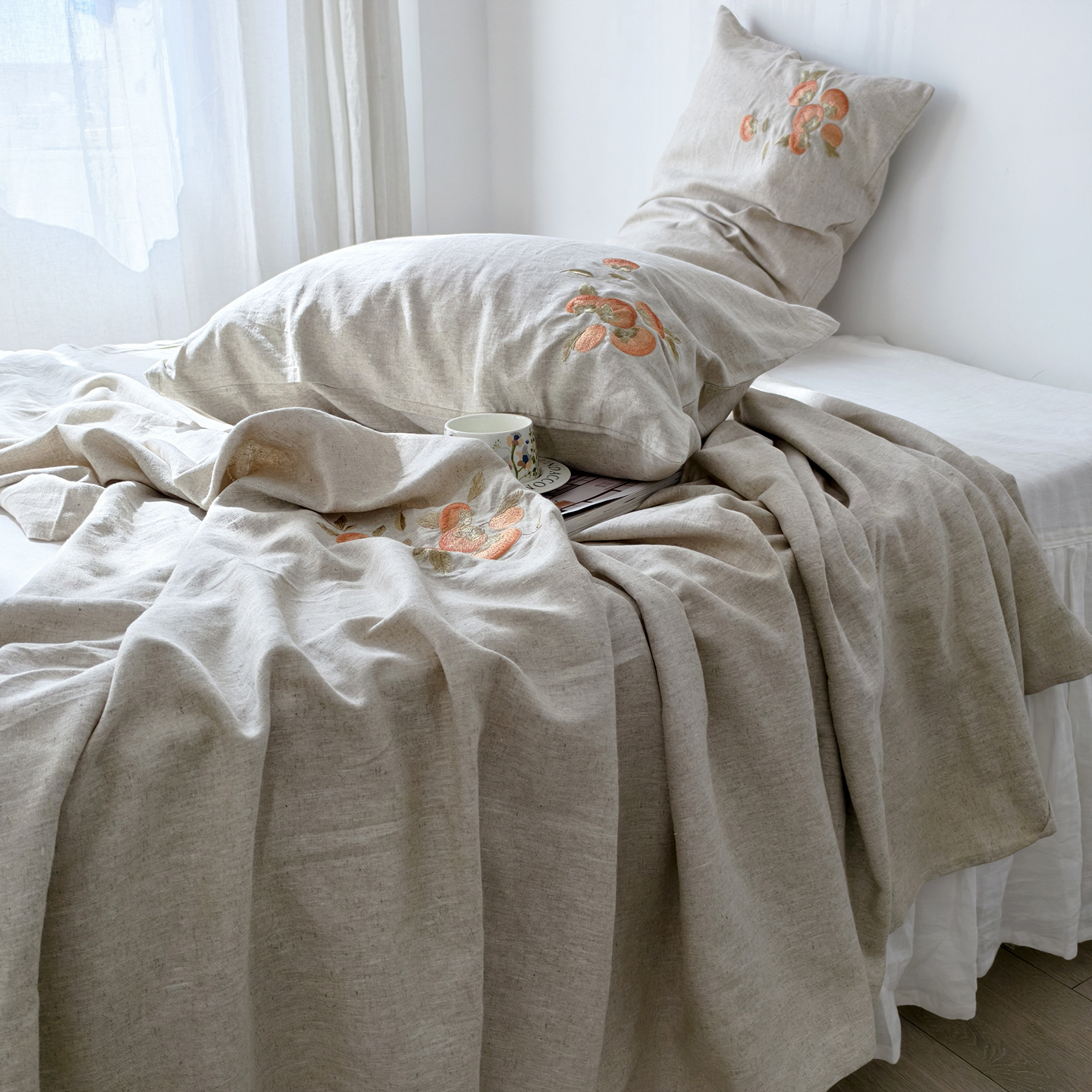 汉麻桑蚕丝刺绣床单枕套三件套 自然橘纹 蝴蝶 - 图3