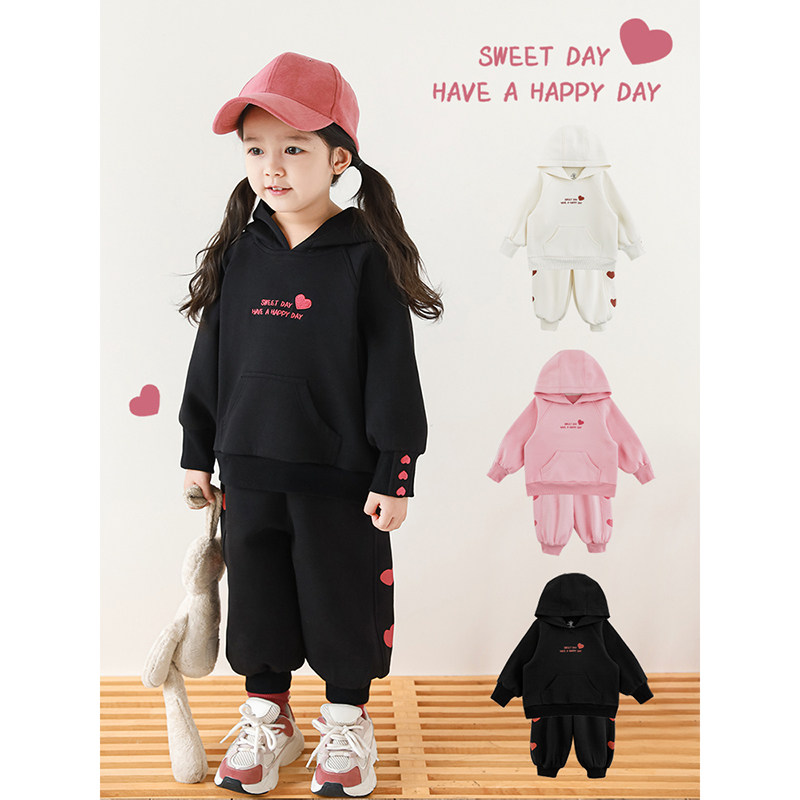 幼悠女童纯色爱心运动套装2025春秋防风休闲连帽卫衣卫裤两件套潮,淘宝优惠券,粉丝福利购,淘宝优惠卷