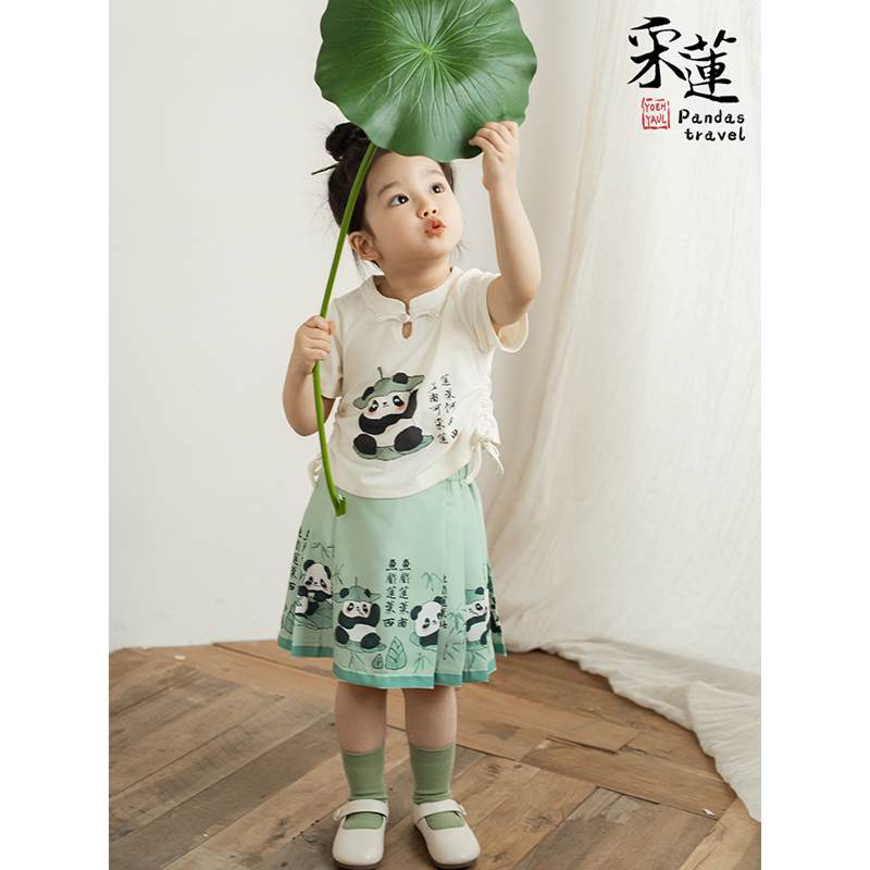 幼悠女童熊猫印花系列套装夏季童趣可爱短版马面裙国潮元素短袖潮 - 图2
