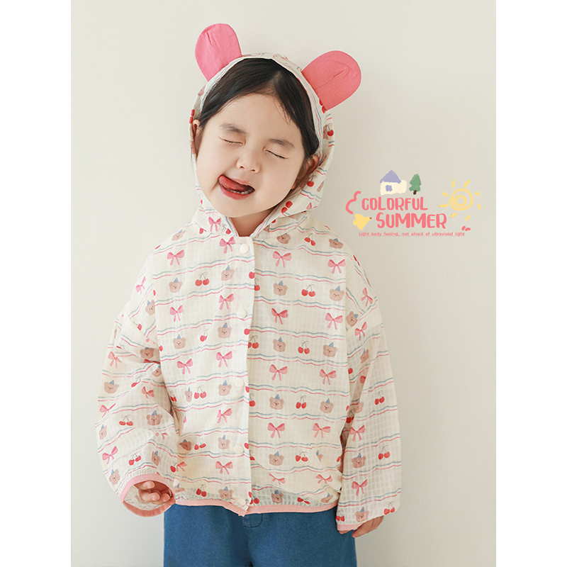 幼悠女童满印防晒衣2025夏季儿童活泼可爱撞色立体耳朵连帽外套潮 - 图1