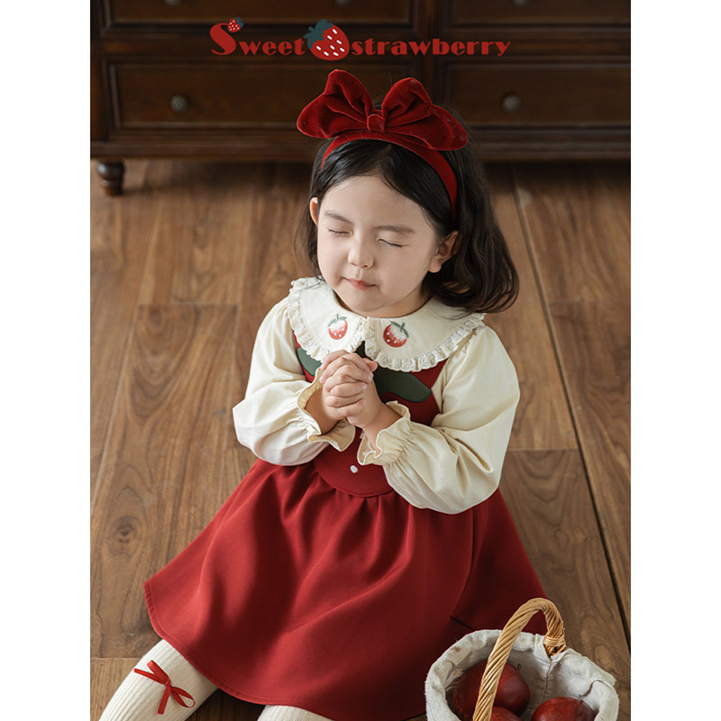 幼悠 女童2025春秋套装儿童草莓刺绣娃娃翻领衬衫A字裙摆背带裙潮,淘宝优惠券,粉丝福利购,淘宝优惠卷