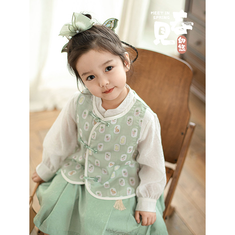 幼悠女童浪漫玫瑰谷系列中式立领衬衫娇俏可爱撞色包边马甲多件套,淘宝优惠券,粉丝福利购,淘宝优惠卷