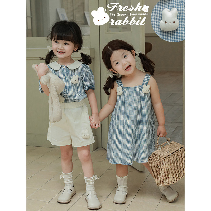 幼悠女童吊带裙2025夏季新款格子娃娃衫宝宝小清新风可爱小兔短裤,淘宝优惠券,粉丝福利购,淘宝优惠卷