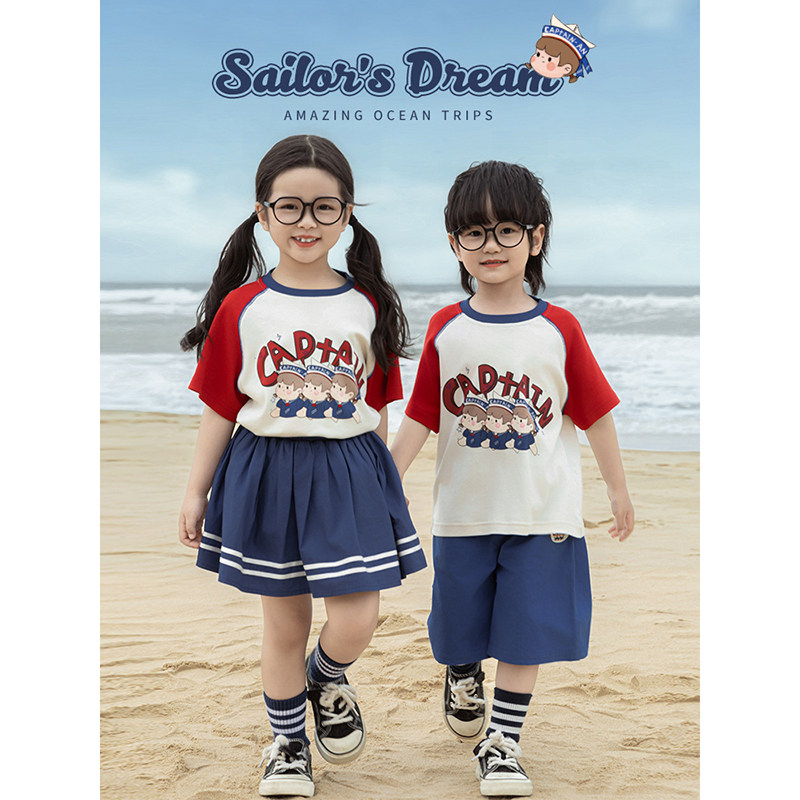 幼悠女童海军风安安系列夏季清爽透气百褶裙插肩撞色短袖多件套潮,淘宝优惠券,粉丝福利购,淘宝优惠卷