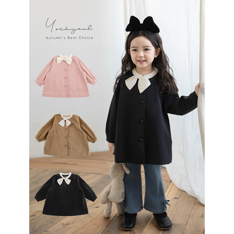 幼悠女童甜美娇俏蝴蝶结风衣中长款春秋撞色吸睛舒适领圈休闲外套 - 图0