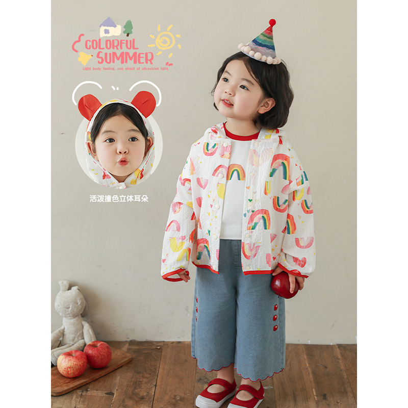 幼悠女童满印防晒衣2025夏季儿童活泼可爱撞色立体耳朵连帽外套潮 - 图0